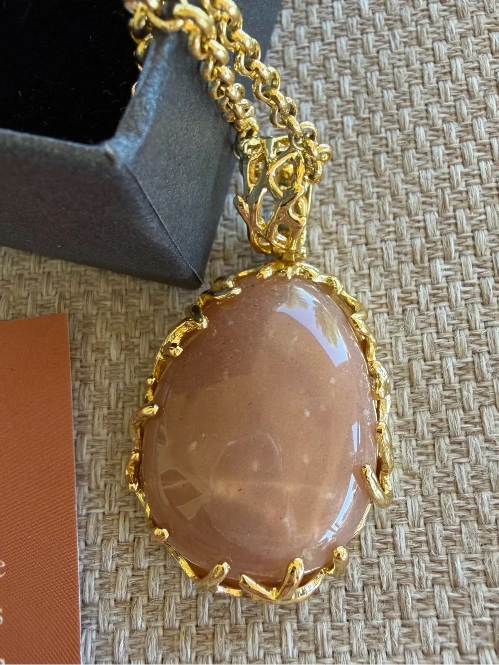 Peach Moonstone Pendant Necklace Madagascar Gold Tone 24” Chain